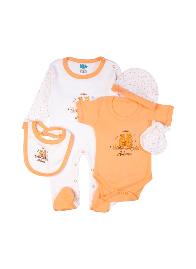 Babies Basic 5 Piece Unisex 100% Cotton Gift Set Include Bib, Romper, Mittens, Cap And Sleepsuit/Jumpsuit- Hello Autumn  - Image 2
