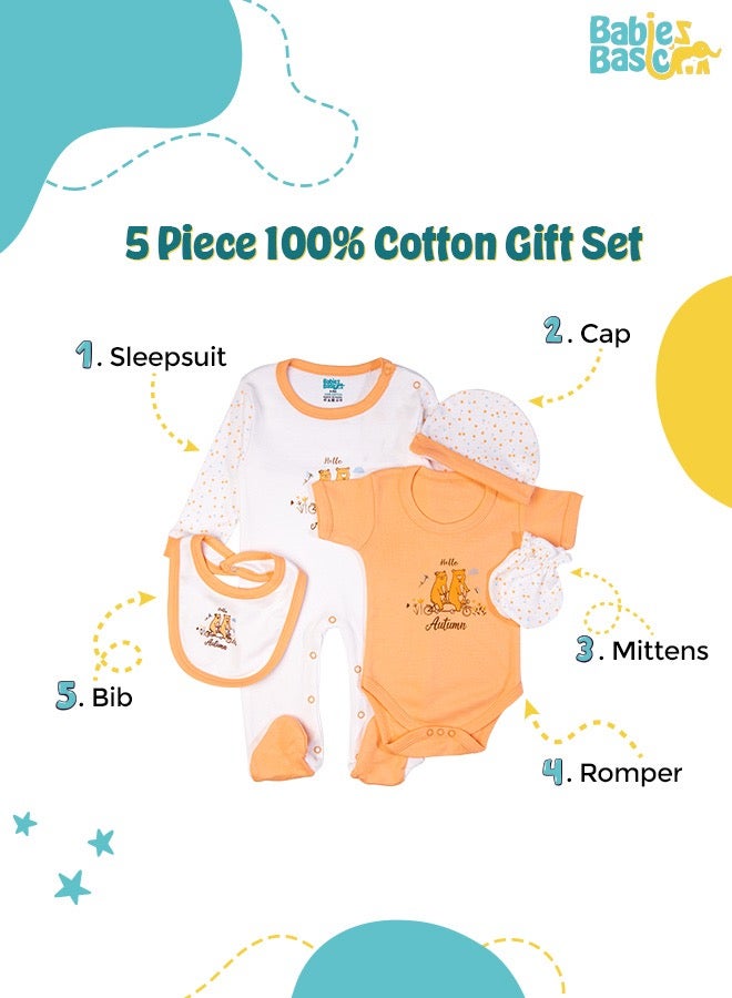 5 Piece Unisex 100% Cotton Gift Set Include Bib, Romper, Mittens, Cap And Sleepsuit/Jumpsuit- Hello Autumn
