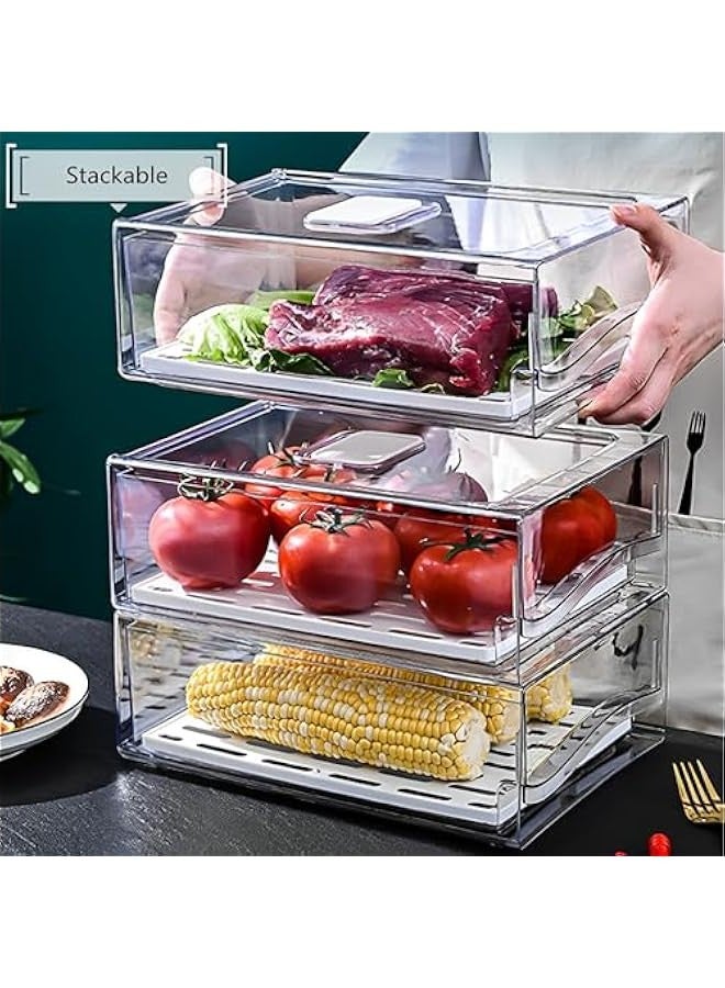 بيوينتي بيونتي منظم ثلاجة شفاف، منظم ثلاجة شفاف قابل للتكديس مع اغطية/ صينية تصريف ودرج، صندوق تخزين حاويات طعام المطبخ للطعام والمشروبات والخضروات والفواكه - Image 3