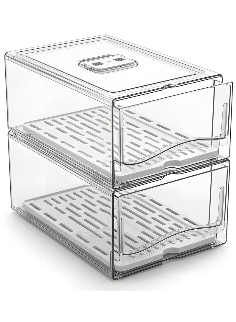 بيوينتي بيونتي منظم ثلاجة شفاف، منظم ثلاجة شفاف قابل للتكديس مع اغطية/ صينية تصريف ودرج، صندوق تخزين حاويات طعام المطبخ للطعام والمشروبات والخضروات والفواكه - Image 1