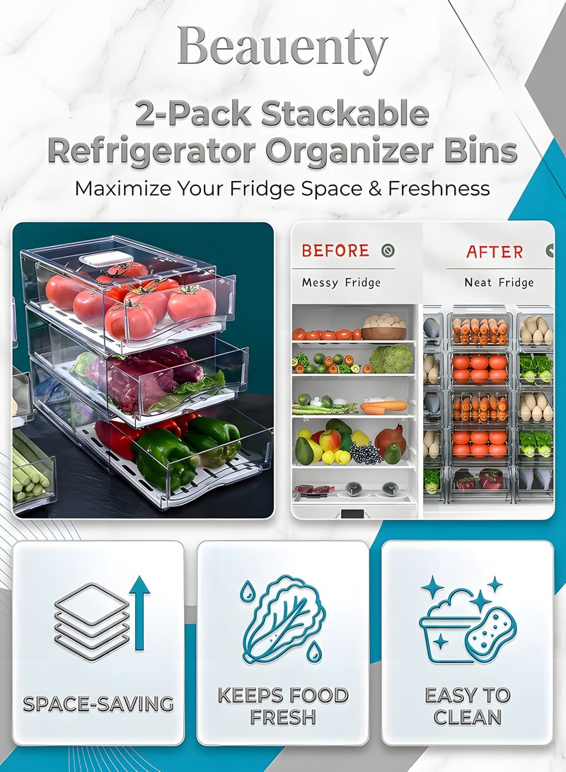 بيوينتي بيونتي منظم ثلاجة شفاف، منظم ثلاجة شفاف قابل للتكديس مع اغطية/ صينية تصريف ودرج، صندوق تخزين حاويات طعام المطبخ للطعام والمشروبات والخضروات والفواكه - Image 2