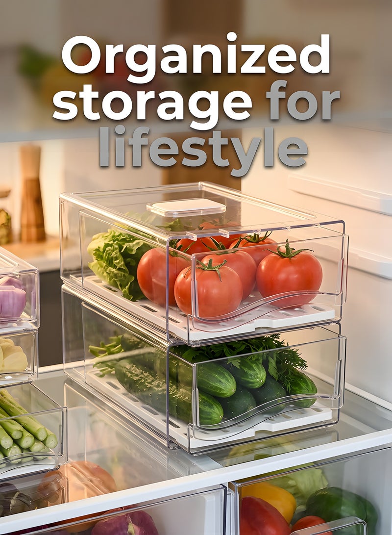 بيوينتي بيونتي منظم ثلاجة شفاف، منظم ثلاجة شفاف قابل للتكديس مع اغطية/ صينية تصريف ودرج، صندوق تخزين حاويات طعام المطبخ للطعام والمشروبات والخضروات والفواكه - Image 3