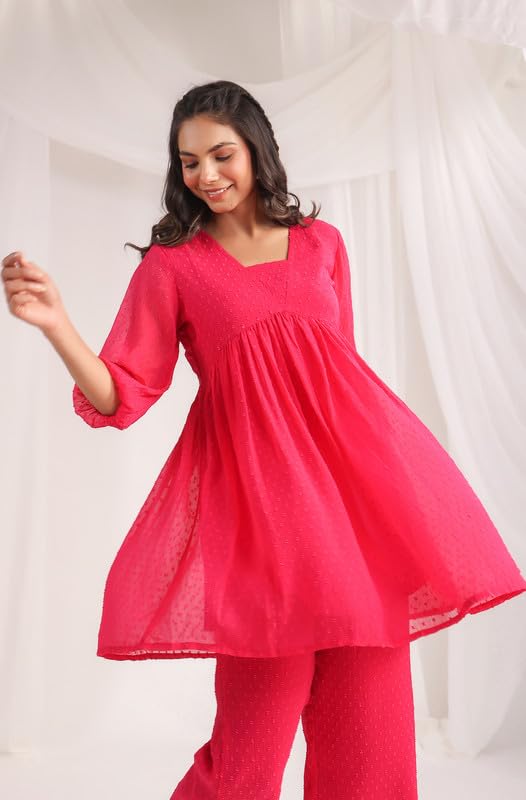 Janasya Women's Pink Dobby Georgette Self Design Gathered Co-ord Set (JAA24CD00047-J-XL) - Image 2