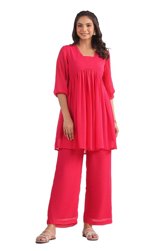 Janasya Women's Pink Dobby Georgette Self Design Gathered Co-ord Set (JAA24CD00047-J-XL) - Image 1
