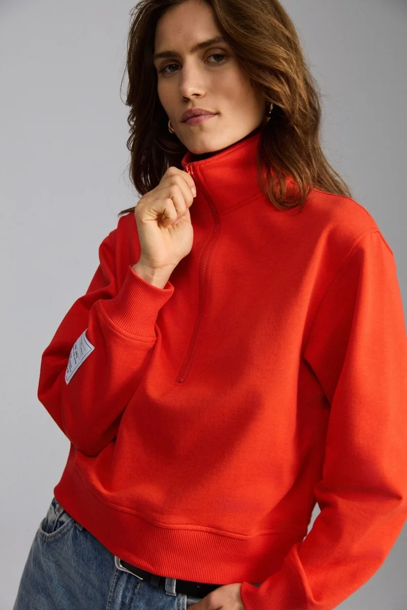 جريميلانج Sailenis Women's Soft Organic Cotton Half Zipper Regular Red Sweatshirt with Raised Interior