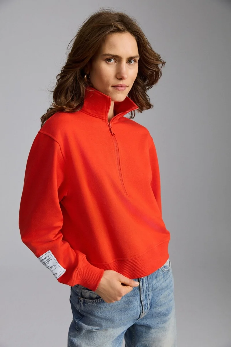 جريميلانج Sailenis Women's Soft Organic Cotton Half Zipper Regular Red Sweatshirt with Raised Interior