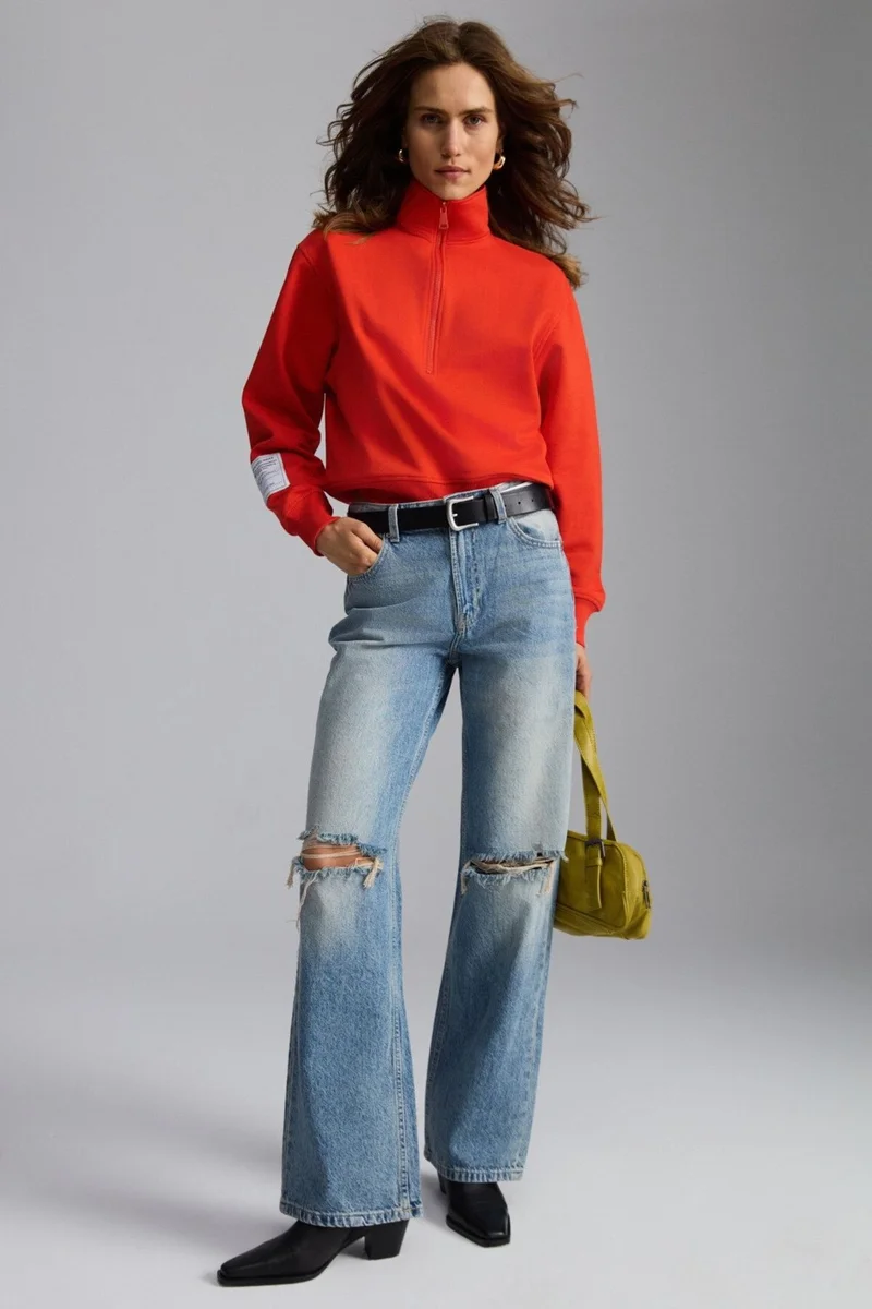جريميلانج Sailenis Women's Soft Organic Cotton Half Zipper Regular Red Sweatshirt with Raised Interior