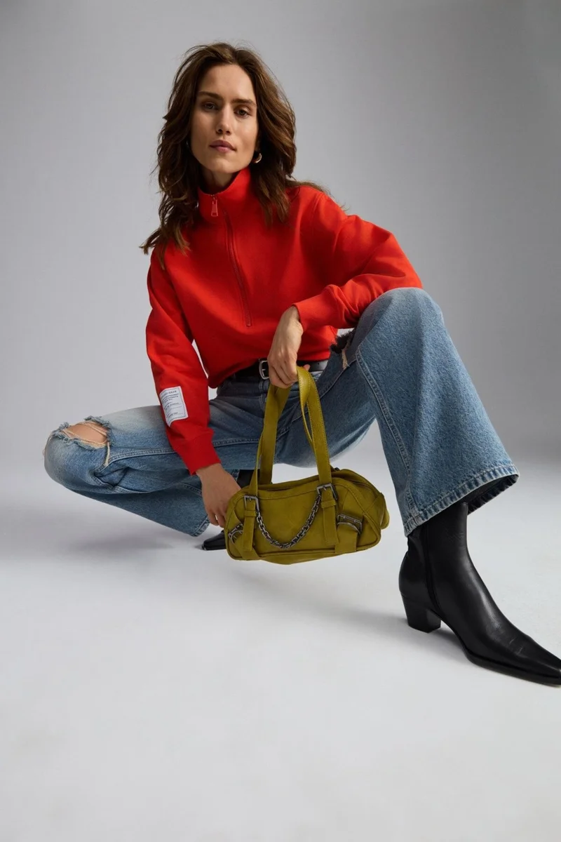 جريميلانج Sailenis Women's Soft Organic Cotton Half Zipper Regular Red Sweatshirt with Raised Interior