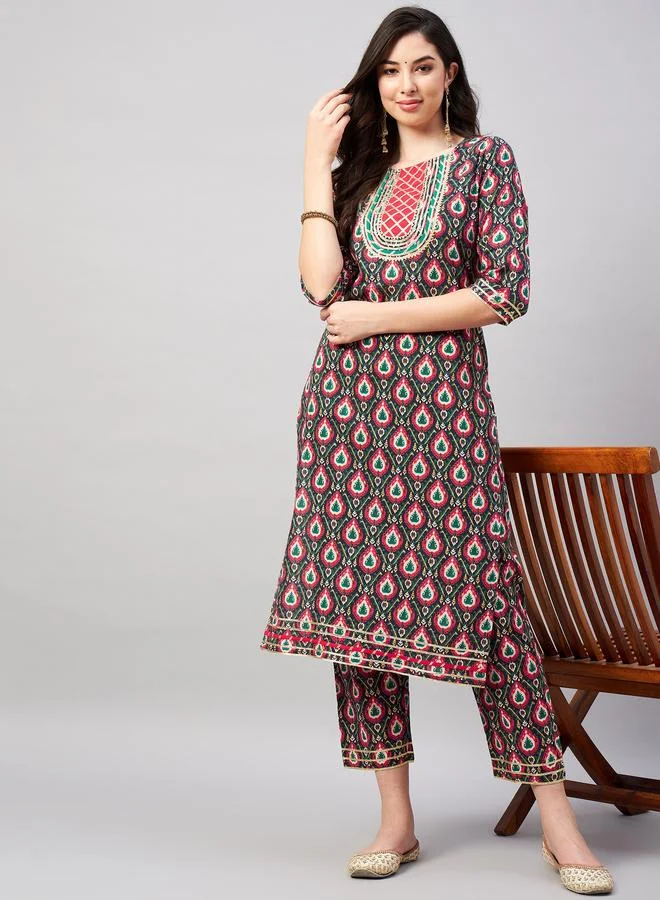 Winered Navy Blue Printed Kurta And Pants Set