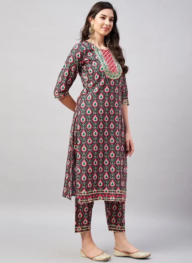 Winered Navy Blue Printed Kurta And Pants Set