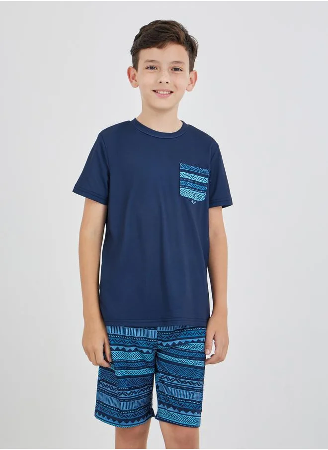 ستايلي Styli Printed Pocket Round Neck T-Shirt and Shorts Pyjama Set