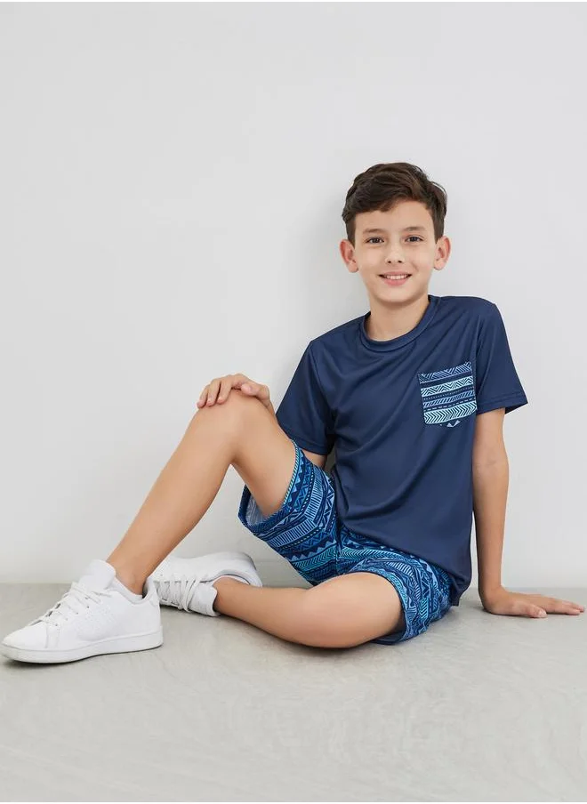 ستايلي Styli Printed Pocket Round Neck T-Shirt and Shorts Pyjama Set