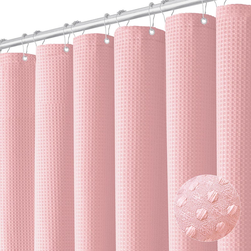 Dynamene Pink Fabric Shower Curtain - Waffle Weave Textured Heavy Duty Cloth Shower Curtains for Bathroom, 256GSM Hotel Luxury Weighted Bath Curtain Set with 12 Hooks,72x72, Pink - Image 1