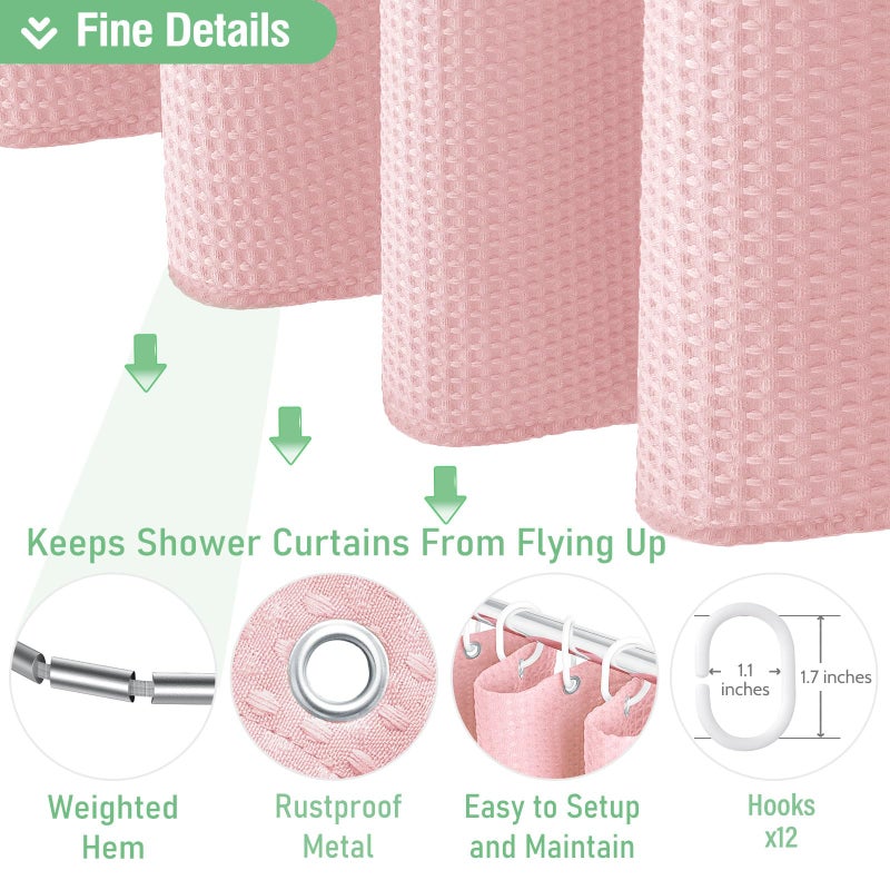 Dynamene Pink Fabric Shower Curtain - Waffle Weave Textured Heavy Duty Cloth Shower Curtains for Bathroom, 256GSM Hotel Luxury Weighted Bath Curtain Set with 12 Hooks,72x72, Pink - Image 5