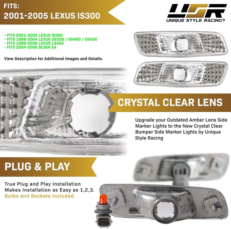 USR UNIQUE STYLE RACING DEPO Clear Lens Front Bumper Side Marker Light Set with Amber Bulbs for Lexus IS200/IS300 and GS300/GS400/GS430 - Image 4