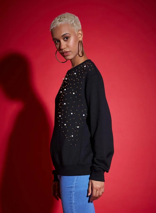 SASSAFRAS Oversized Embellished Terry Sweatshirt by Styli