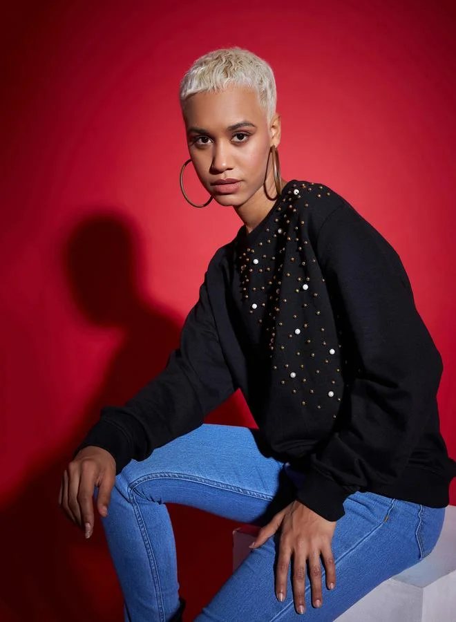 SASSAFRAS Oversized Embellished Terry Sweatshirt by Styli