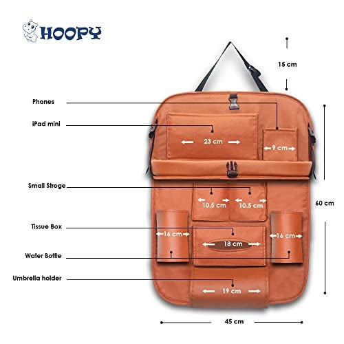 HOOPY Pu Leather Auto Car Automobiles Back Seat Organizer With Foldable Dining Table Tray, Multipocket Storage Tablet, Bottle And Tissue Paper Holder_Tan (With Tray),Brown - Image 5