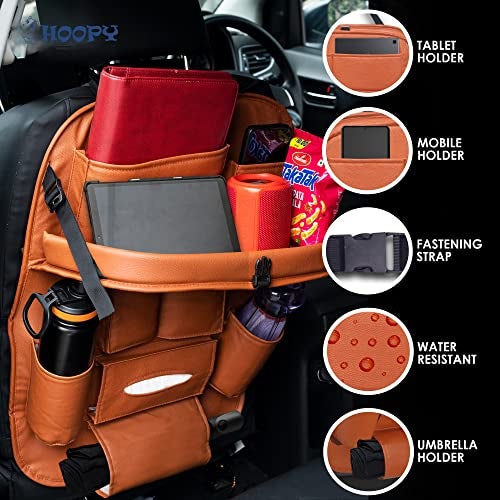 HOOPY Pu Leather Auto Car Automobiles Back Seat Organizer With Foldable Dining Table Tray, Multipocket Storage Tablet, Bottle And Tissue Paper Holder_Tan (With Tray),Brown - Image 4