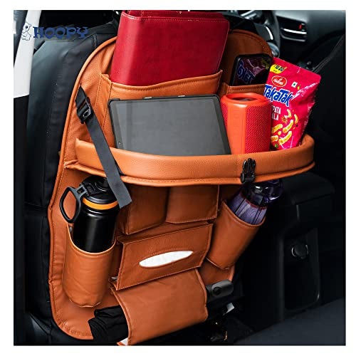 HOOPY Pu Leather Auto Car Automobiles Back Seat Organizer With Foldable Dining Table Tray, Multipocket Storage Tablet, Bottle And Tissue Paper Holder_Tan (With Tray),Brown - Image 1
