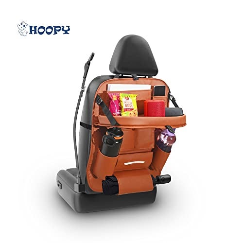 HOOPY Pu Leather Auto Car Automobiles Back Seat Organizer With Foldable Dining Table Tray, Multipocket Storage Tablet, Bottle And Tissue Paper Holder_Tan (With Tray),Brown - Image 2