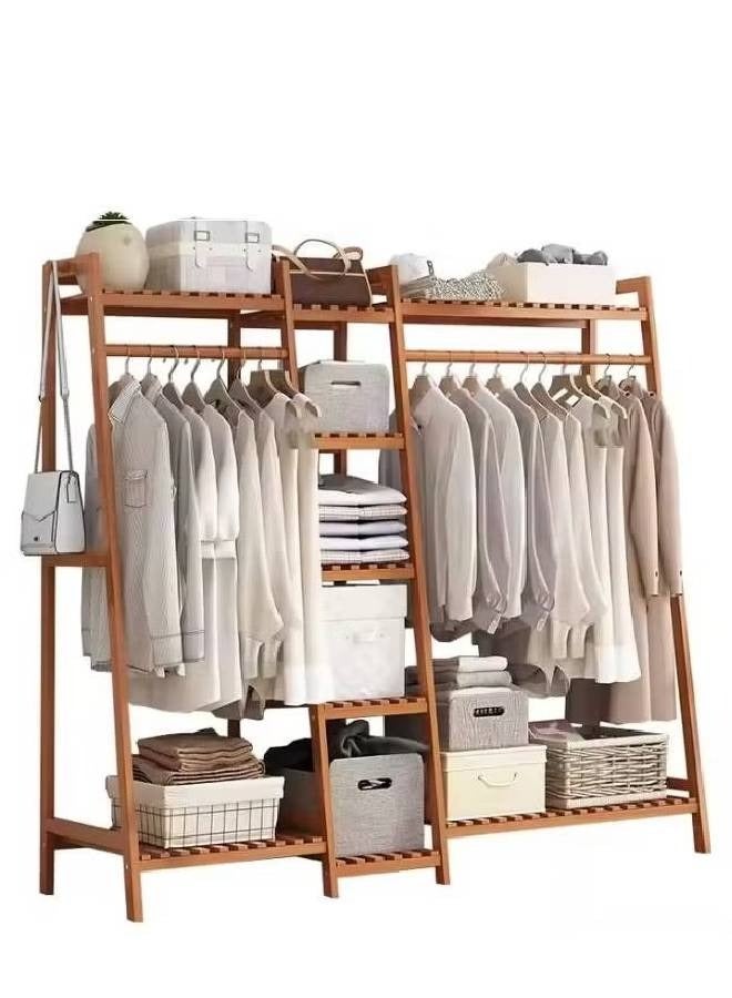 KLNAMAEAAN 3 Tier Freestanding Wooden Clothes Rack with Shelves Open Wardrobe Storage Organizer with Hanging Rods & Side Hooks Size 130cm 140cm 40cm  - Image 4