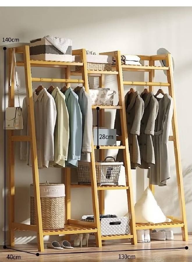 KLNAMAEAAN 3 Tier Freestanding Wooden Clothes Rack with Shelves Open Wardrobe Storage Organizer with Hanging Rods & Side Hooks Size 130cm 140cm 40cm  - Image 1