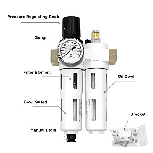 Beduan 1/2"NPT Compressed Air Filter Regulator Lubricator Combo（0-230 psi）, Air Tool Compressor Filter Water/Oil Trap Separator with Guage, Manual Drain - Image 2