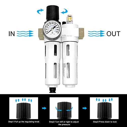 Beduan 1/2"NPT Compressed Air Filter Regulator Lubricator Combo（0-230 psi）, Air Tool Compressor Filter Water/Oil Trap Separator with Guage, Manual Drain - Image 3