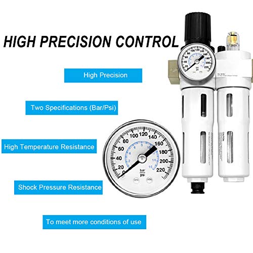 Beduan 1/2"NPT Compressed Air Filter Regulator Lubricator Combo（0-230 psi）, Air Tool Compressor Filter Water/Oil Trap Separator with Guage, Manual Drain - Image 5