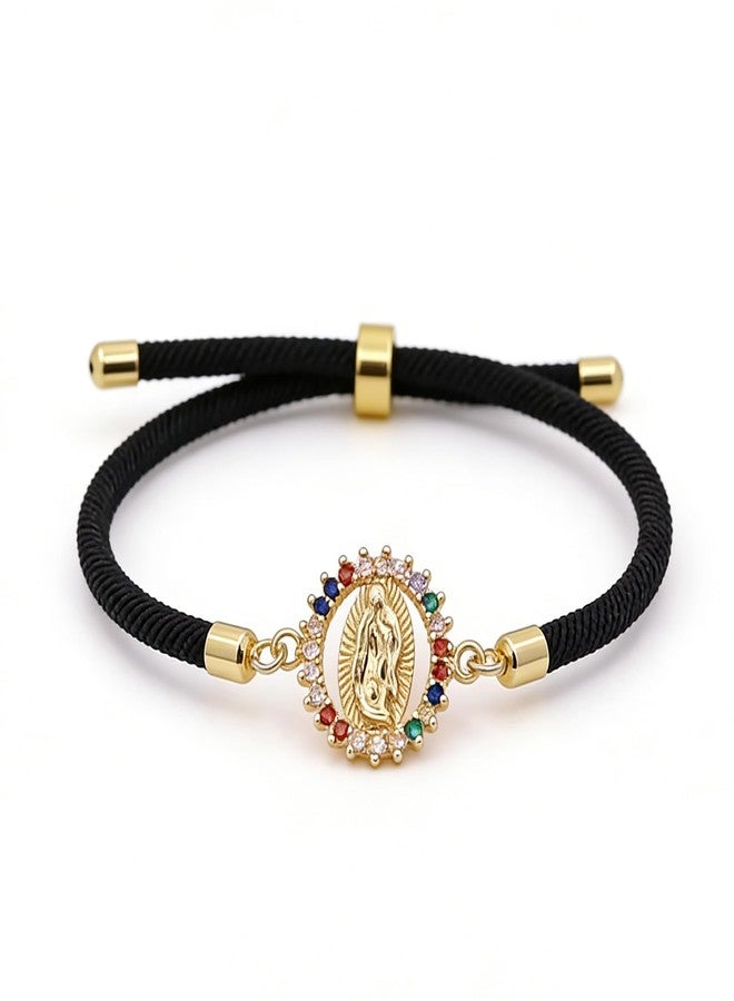 CACALOSS Virgin Mary Rosary Bracelet Our Lady of Guadalupe Rosary Adjustable Braided Bracelet (Black) - Image 1