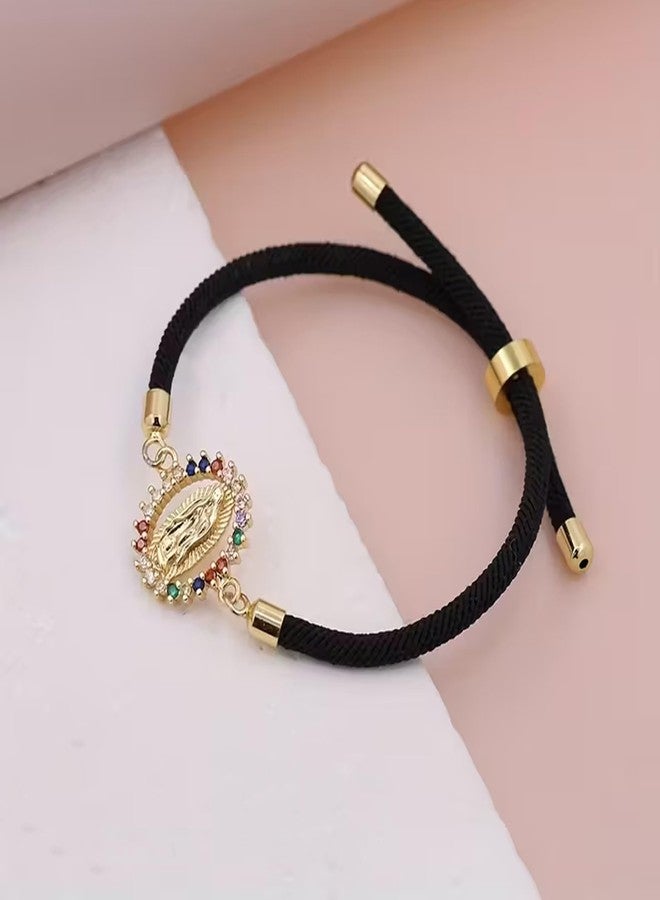 CACALOSS Virgin Mary Rosary Bracelet Our Lady of Guadalupe Rosary Adjustable Braided Bracelet (Black) - Image 3