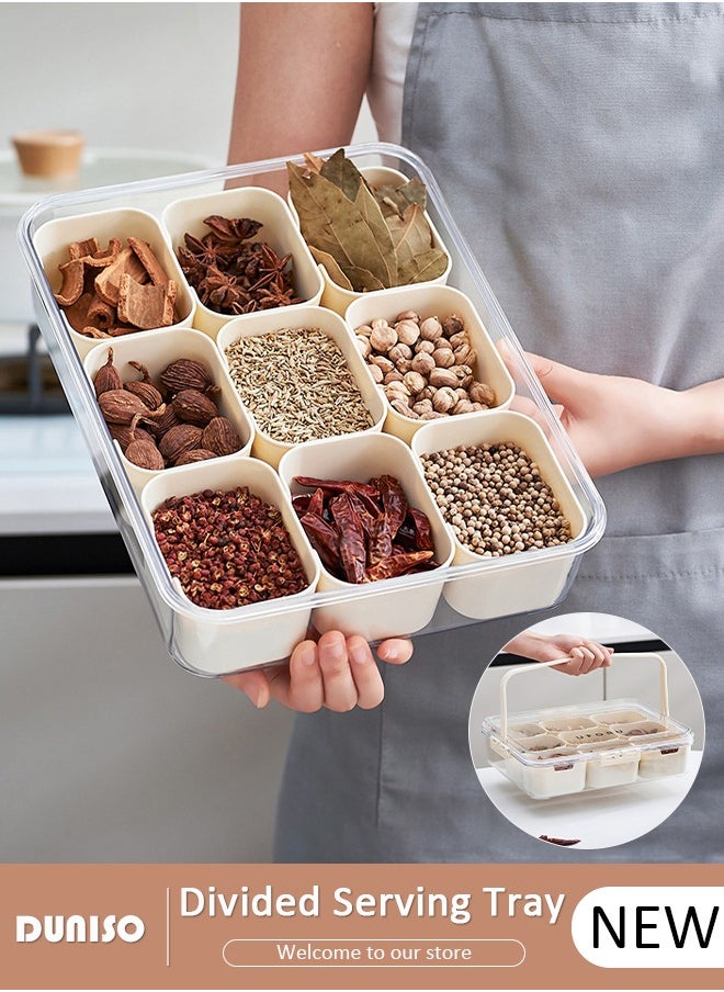 DUNISO Divided Serving Tray with Lid and Handle, Clear Portable Snack Box Container, Veggie Tray Fruit Tray, 9 Compartment Square Food Storage Organizer for Snack, Fruits, Veggie, Candy, Nut, Spice  - Image 1