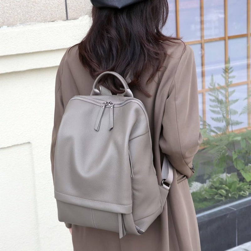 Wesccimo Genuine Leather Backpack Purse for Women, Fashion Designer Soft Backpack with Large Compartment Grey - Image 3