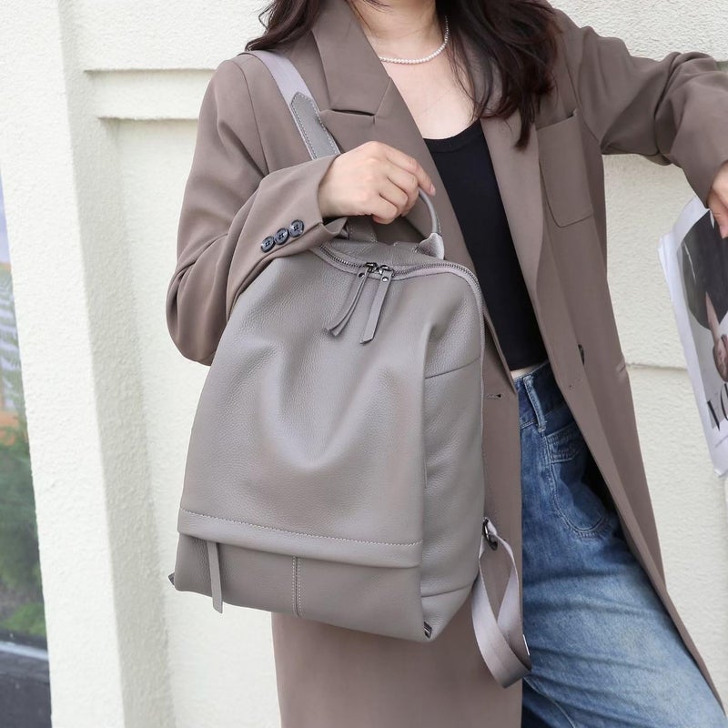 Wesccimo Genuine Leather Backpack Purse for Women, Fashion Designer Soft Backpack with Large Compartment Grey - Image 4