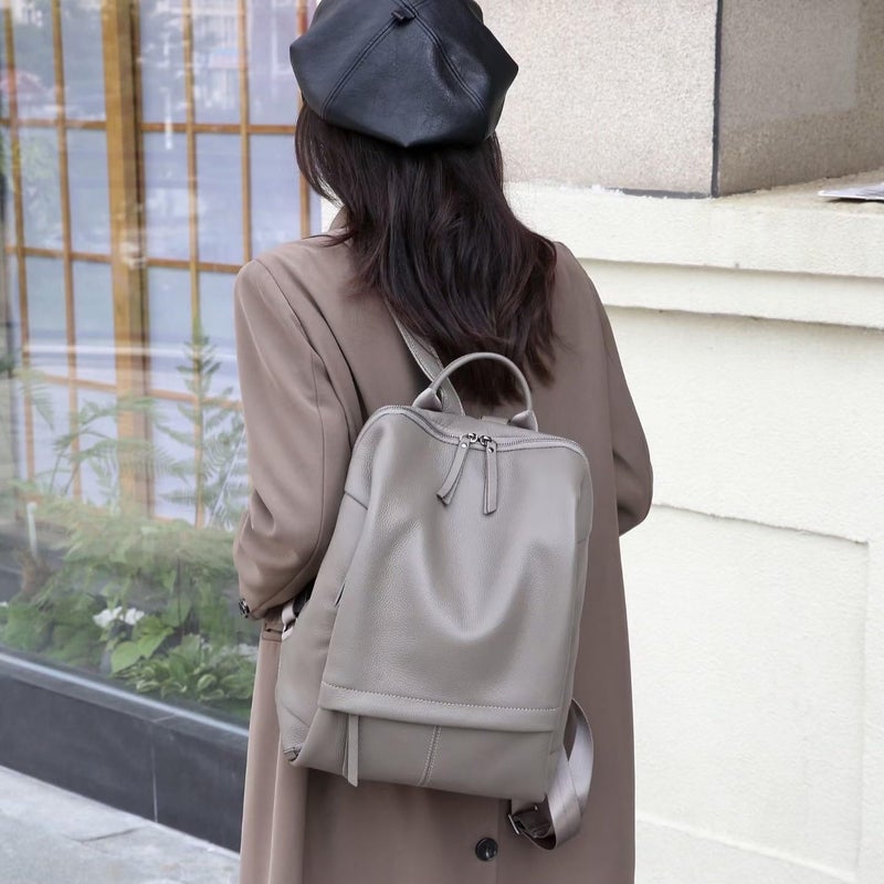 Wesccimo Genuine Leather Backpack Purse for Women, Fashion Designer Soft Backpack with Large Compartment Grey - Image 2