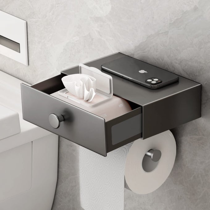 TOILET PAPER HOLDER WITH SHELF ADHESIVE TOILET PAPER HOLDER WITH STORAGE UPGRADE DRAWER DESIGN WIPES DISPENSER FOR BATHROOM TOILET TISSUE HOLDER SMALL BATHROOM SHELF WALL MOUNTMATTE GRAY