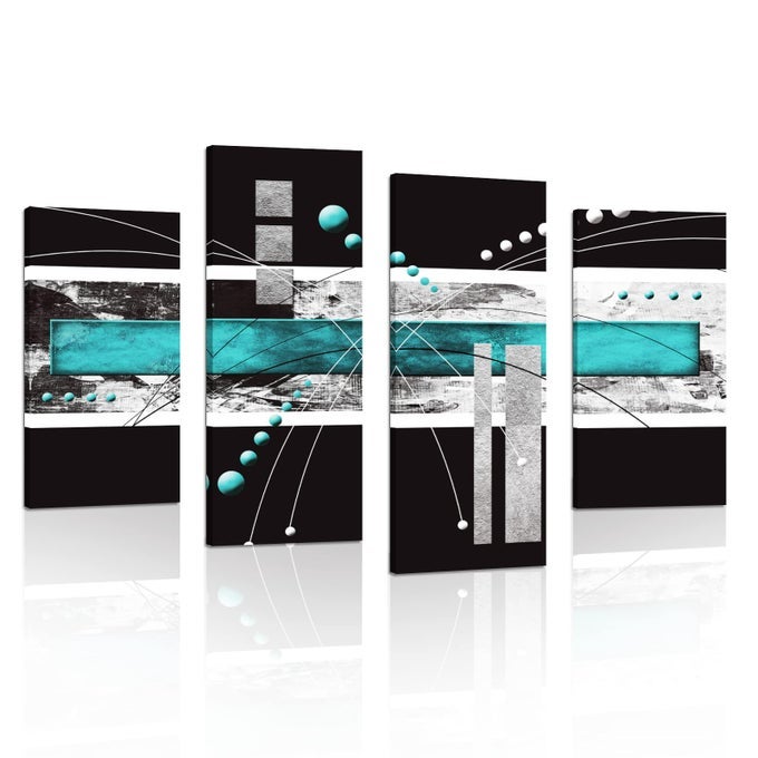 MODERN ABSTRACT CANVAS WALL ART BLACK TEAL WALL DECOR GREY WHITE DECORATION FOR HOME OFFICE 4 PANELS POSTER FRAMED PRINT FOR LIVING ROOM BEDROOM