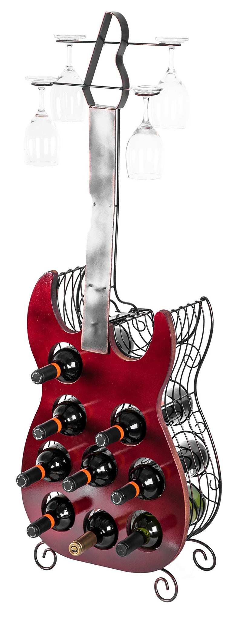 vintiquewise Vintage Wood and Metal Guitar Shaped 9 Bottle Freestanding Decorative Wine Holder