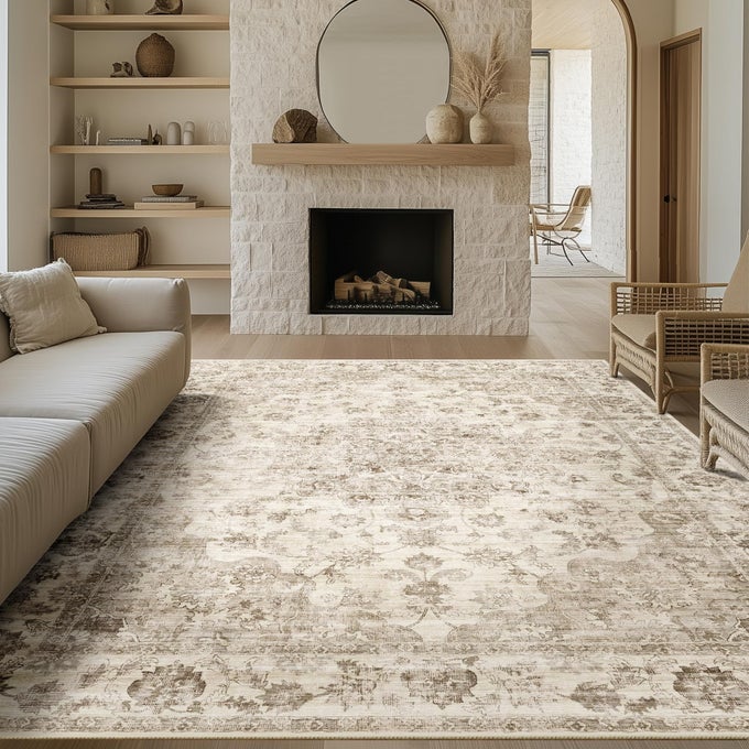 6X9 WASHABLE NEUTRAL AREA RUG BEIGE FLORAL LIVING ROOM BEDROOM LARGE CARPET NONSLIP LOW PILE VINTAGE SOFT THIN THROW RUG FOR DINING ROOM OFFICE KITCHEN BATHROOM INDOOR
