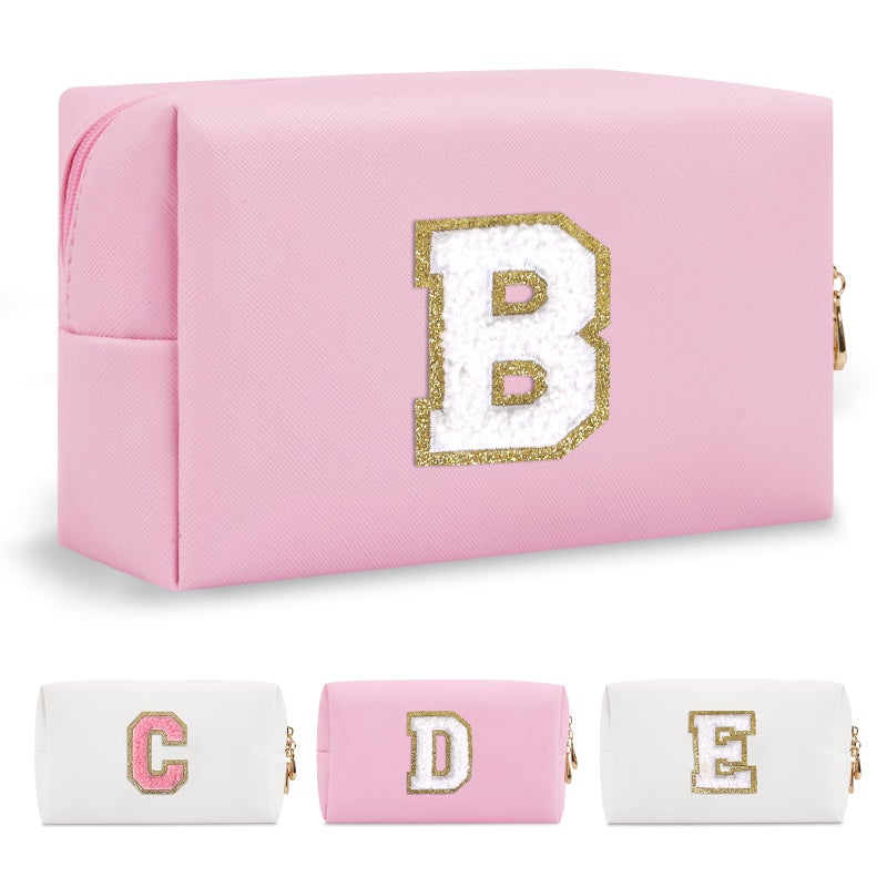 ChaoGreat Personalized Initial A-Z Preppy Patch Makeup Bag Small Pu Chenille Letter Cosmetic Bag With Zipper For Teen Girls Pink Cute Toiletry Organizer Bag Monogram Makeup Case Gift For Women Girls Letter B - Image 1