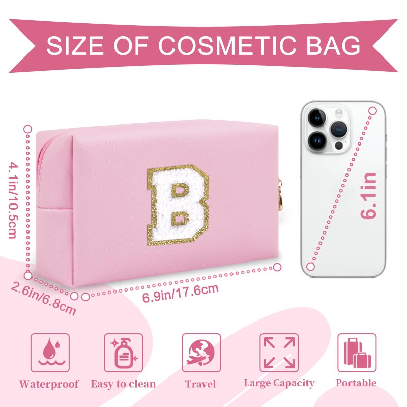 ChaoGreat Personalized Initial A-Z Preppy Patch Makeup Bag Small Pu Chenille Letter Cosmetic Bag With Zipper For Teen Girls Pink Cute Toiletry Organizer Bag Monogram Makeup Case Gift For Women Girls Letter B - Image 2