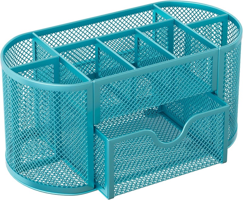 EasyPag Mesh Pen Holder Desk Organizer with Drawer Stationery Supplies Organizer for Dorm School 9 Compartments Workspace Desk Accessories Organization for Office, Blue - Image 2