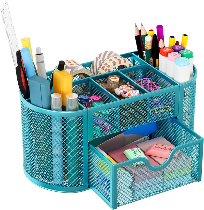 EasyPag Mesh Pen Holder Desk Organizer with Drawer Stationery Supplies Organizer for Dorm School 9 Compartments Workspace Desk Accessories Organization for Office, Blue - Image 1