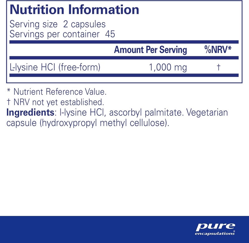 Pure Encapsulations LLysine 500mg Hypoallergenic Essential Amino Acid Supplement 90 Vegetarian Capsules - Image 2