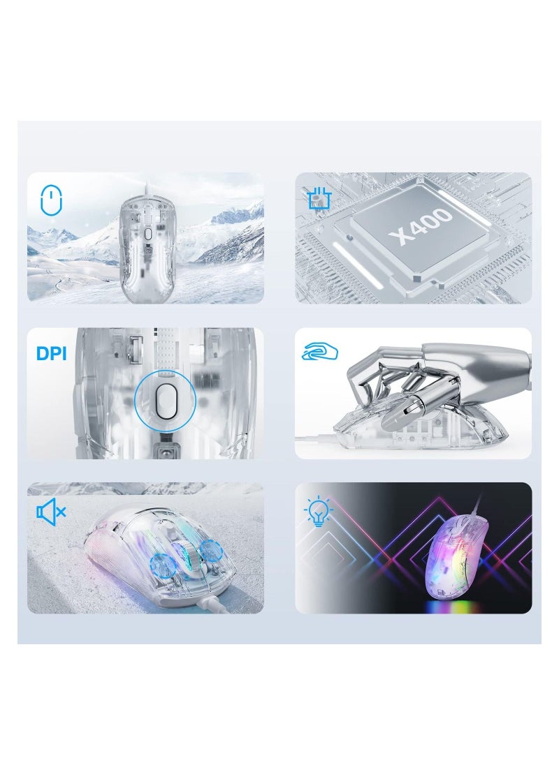 KASTWAVE - Clear Wired USB Gaming Mouse, Transparent Shell Computer Mice with 12800 Max DPI, 3D RGB Backlit, High Precision (White) - Image 1