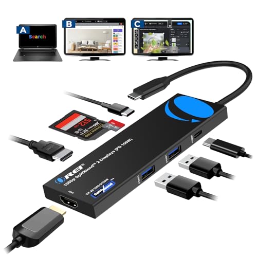 OREI SplitExtend Laptop Docking Station 4K Dual Monitor - 2X USB 3.0, 1x Type-C, SD Card Reader - USB-C Adapter to HDMI 2.0 Extended Screen, 4K@30Hz Outputs - 100W PD - Image 1