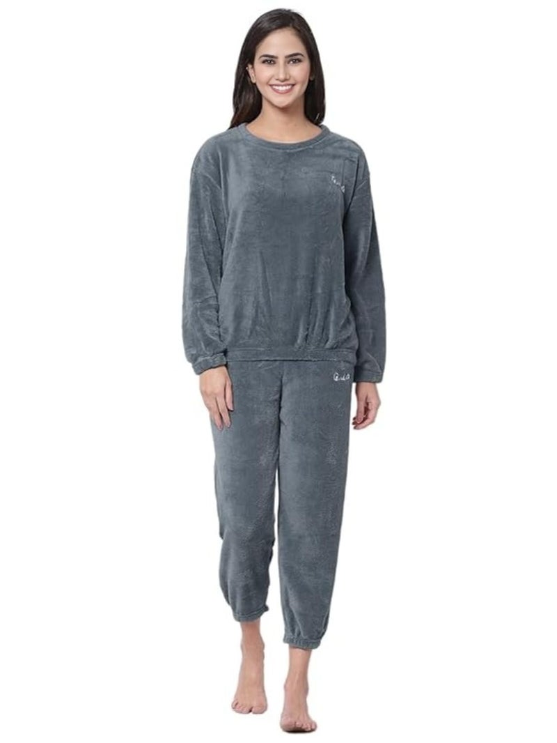Ukal Combo Pack of 2 Women Winter Nightsuit Ladies Fur Nightwear Warm Night Suit Girls Pyjama Women's Top Pajama Pants Regular Fit Pyjama Set (L, Grey_Pink) - Image 2