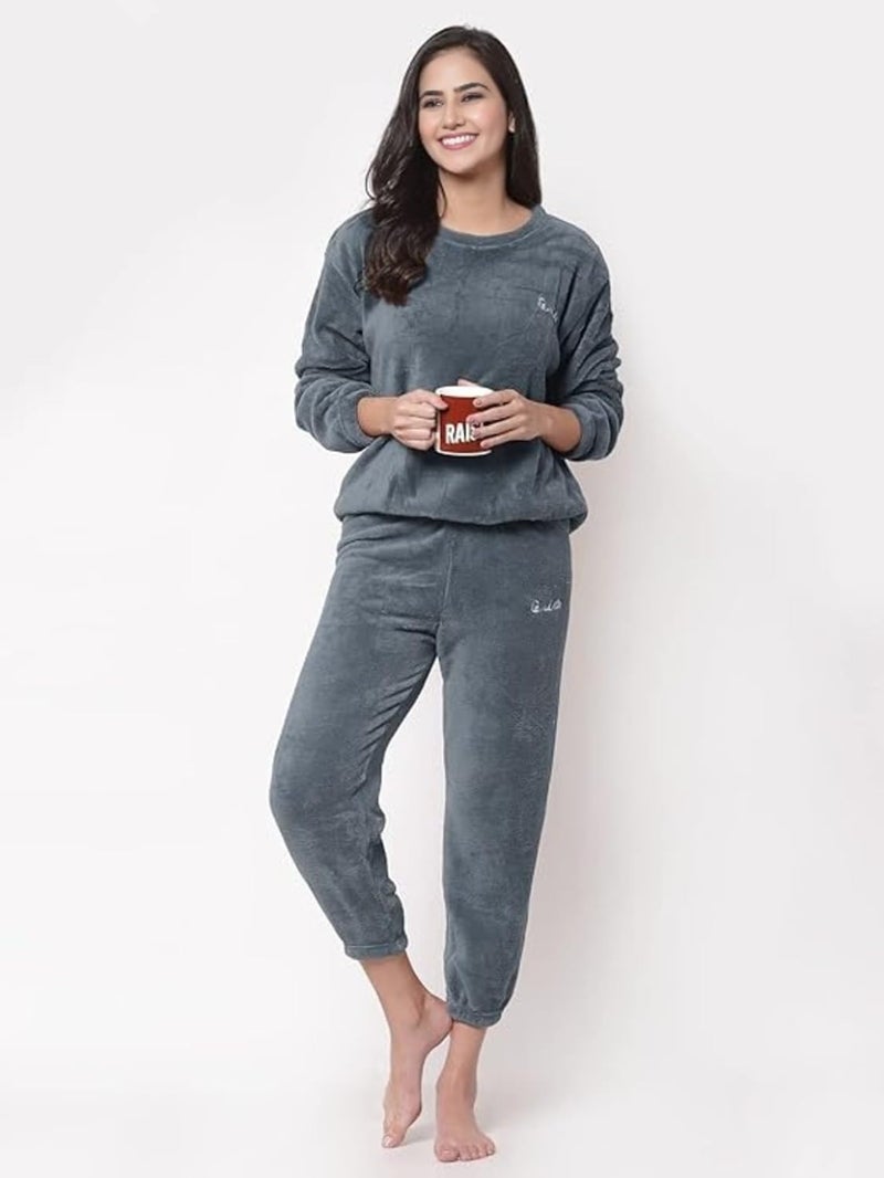 Ukal Combo Pack of 2 Women Winter Nightsuit Ladies Fur Nightwear Warm Night Suit Girls Pyjama Women's Top Pajama Pants Regular Fit Pyjama Set (L, Grey_Pink) - Image 3