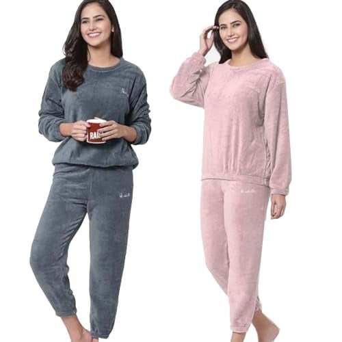 Ukal Combo Pack of 2 Women Winter Nightsuit Ladies Fur Nightwear Warm Night Suit Girls Pyjama Women's Top Pajama Pants Regular Fit Pyjama Set (L, Grey_Pink) - Image 1